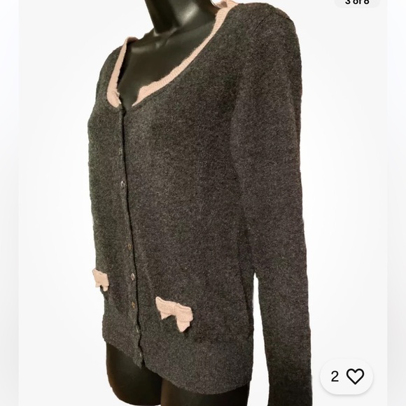 NWT PORTOLANO 100% Cashmere Sweater Cardigan Charcoal Grey & Pink Bows Sz M - Picture 3 of 6
